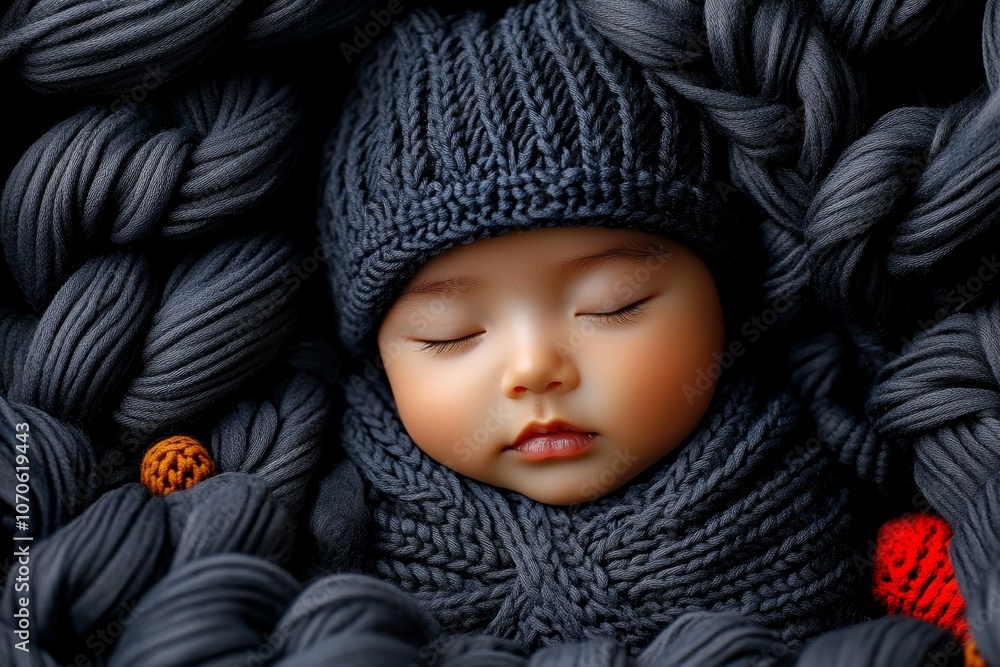A baby in a cozy knit outfit and hat, lying on a fluffy blanket, surrounded by soft toys A baby in a cozy knit outfit and hat, lying on a fluffy blanket, surrounded by soft toys