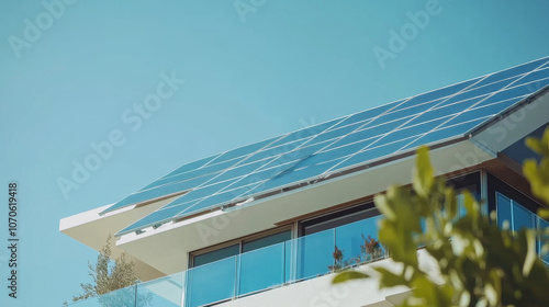 Solar panels on a modern rooftop, alternative energy source, clear blue sky photo