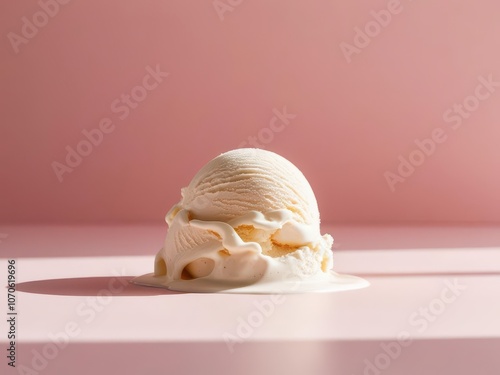 Indulge in creamy minimalistic vanilla ice cream scoop against a soft pastel background