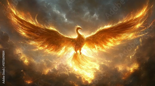 Fiery Phoenix Rising Mythical Bird in Flaming Cloudscape