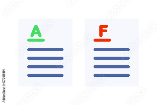 Set of A and F grade paper form icon. Excellent and failed score result. Performance, achievement, evaluation concepts. Flat vector design isolated illustration.