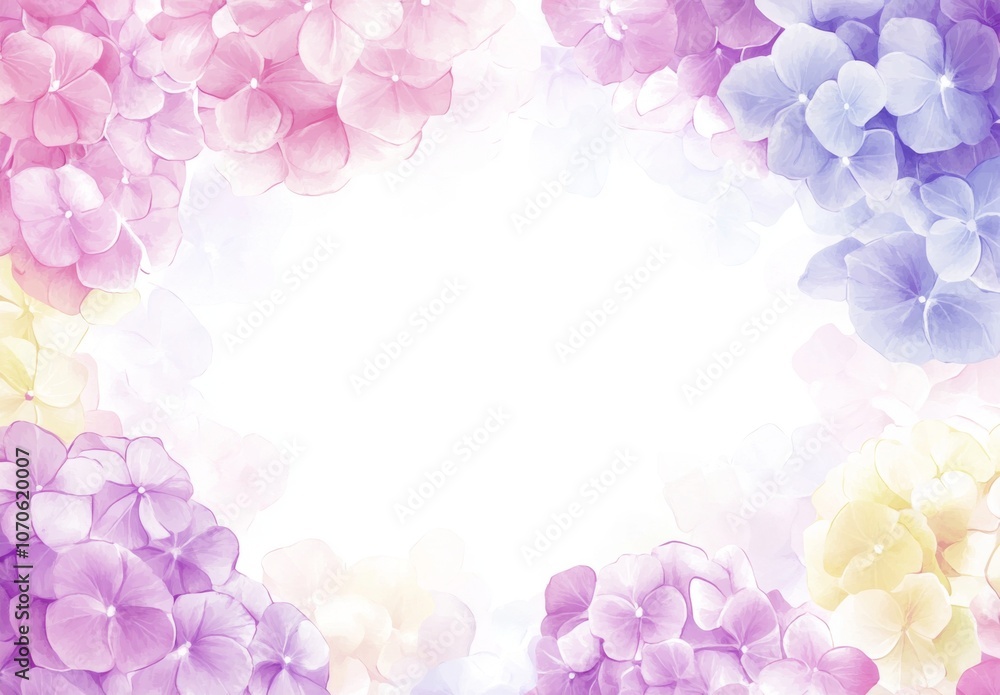 Cute Pastel Watercolor Frame with Soft Hydrangea Flowers and Large Center Space for Text or Design Cute Pastel Watercolor Frame with Soft Hydrangea Flowers and Large Center Space for Text or Design