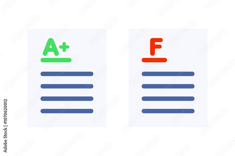 Set of A plus and F grade paper form icon. Excellent and failed score result. Performance, achievement, evaluation concepts. Flat vector design isolated illustration. Set of A plus and F grade paper form icon. Excellent and failed score result. Performance, achievement, evaluation concepts. Flat vector design isolated illustration.