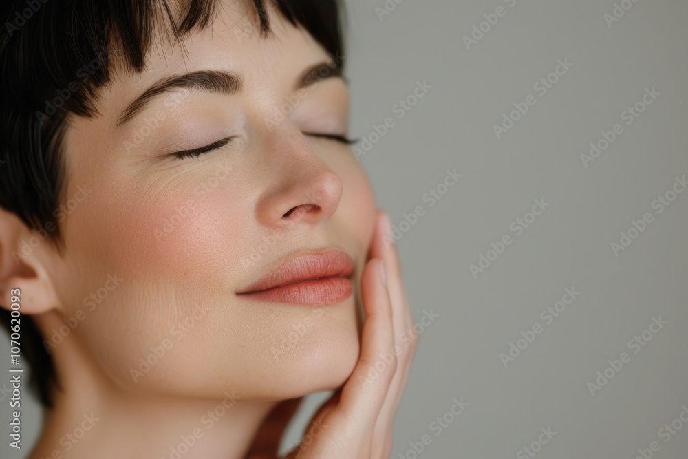 Beauty and skincare featuring a woman gently touching her radiant, soft skin in a studio setting. Emphasizing health and wellness with a mature female relaxing Beauty and skincare featuring a woman gently touching her radiant, soft skin in a studio setting. Emphasizing health and wellness with a mature female relaxing