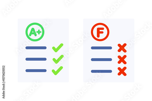 Set of A plus and F grade paper form icon. Excellent and failed score result. Performance, achievement, evaluation concepts. Flat vector design isolated illustration.