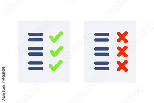 Tick check and cross mark paper form icon set. Performance, achievement, evaluation, checklist concepts. Flat vector design isolated illustration.