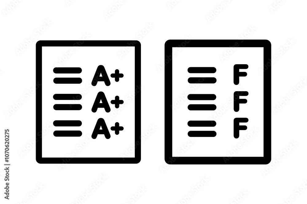 Set of A plus and F grade paper form icon. Excellent and failed score result. Performance, achievement, evaluation concepts. Outlined vector design isolated illustration. Set of A plus and F grade paper form icon. Excellent and failed score result. Performance, achievement, evaluation concepts. Outlined vector design isolated illustration.