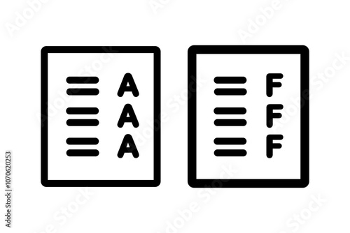 Set of A and F grade paper form icon. Excellent and failed score result. Performance, achievement, evaluation concepts. Outlined vector design isolated illustration.