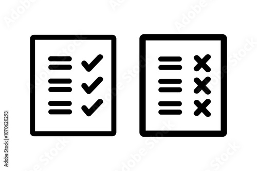 Tick check and cross mark paper form icon set. Performance, achievement, evaluation, checklist concepts. Outlined vector design isolated illustration.