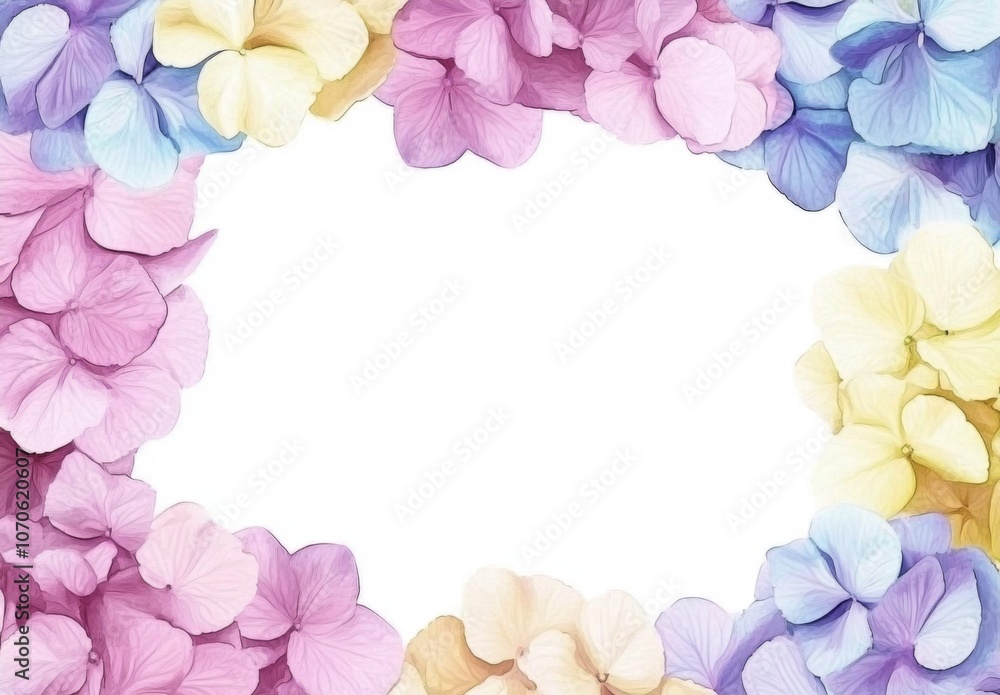 Cute Pastel Watercolor Frame with Soft Hydrangea Flowers and Large Center Space for Text or Design Cute Pastel Watercolor Frame with Soft Hydrangea Flowers and Large Center Space for Text or Design