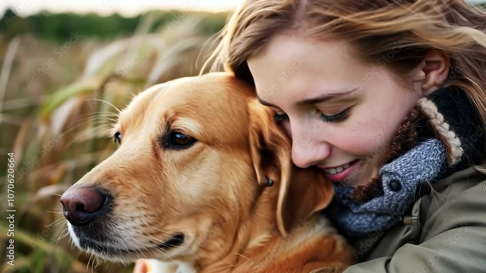 A young woman warmly embraces her golden retriever outdoors in a natural field setting, showcasing a bond of friendship and affection amid autumn tones A young woman warmly embraces her golden retriever outdoors in a natural field setting, showcasing a bond of friendship and affection amid autumn tones