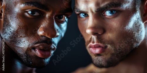 Determined and athletic male competitors preparing for a fight, showcasing strength and readiness for an intense challenge, motivated to triumph in their battle