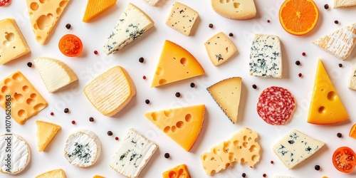 Assortment of Cheeses, Salami, Tomatoes, and Oranges on White Background photo