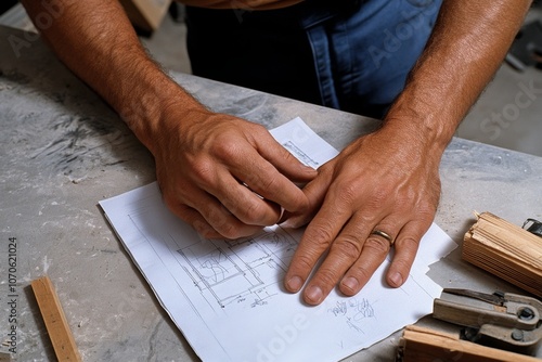 A close-up of a construction workerâ€™s hands holding blueprints, with building materials and tools on the ground