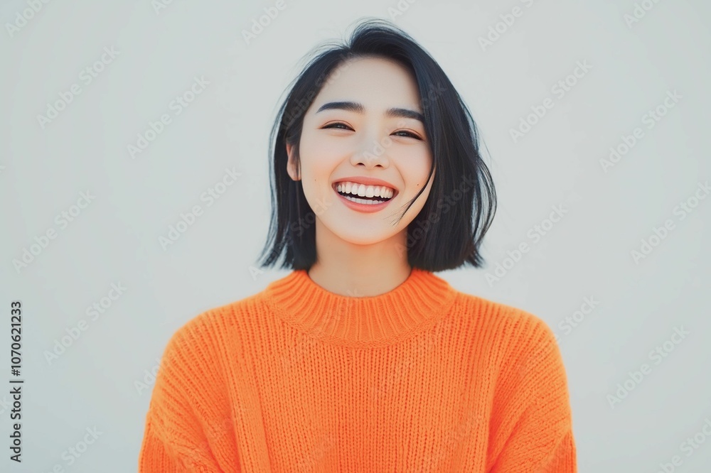 Joyful Portrait of Smiling Woman in Orange Sweater Joyful Portrait of Smiling Woman in Orange Sweater