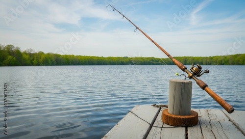 Tranquil Fishing Rod by Serene Lake in Nature photo