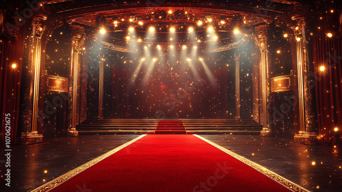 A glamorous theater stage illustration with a red carpet, gold accents, and bright spotlights. This luxurious scene is perfect for showcasing a prestigious event or award ceremony.