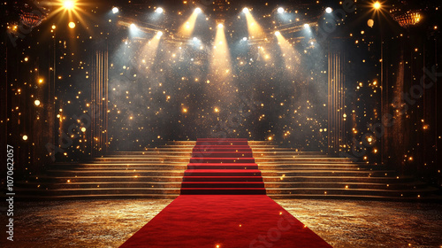 A glamorous theater stage illustration with a red carpet, gold accents, and bright spotlights. This luxurious scene is perfect for showcasing a prestigious event or award ceremony.