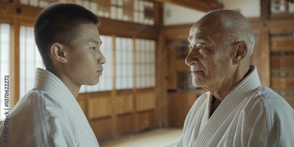 Fototapeta premium Martial arts training with men practicing aikido techniques and discipline for self-defense and combat skills