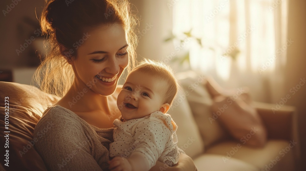 Young mother holding her baby and smiling warmly, soft sunlight streaming through a window in a cozy living room Young mother holding her baby and smiling warmly, soft sunlight streaming through a window in a cozy living room