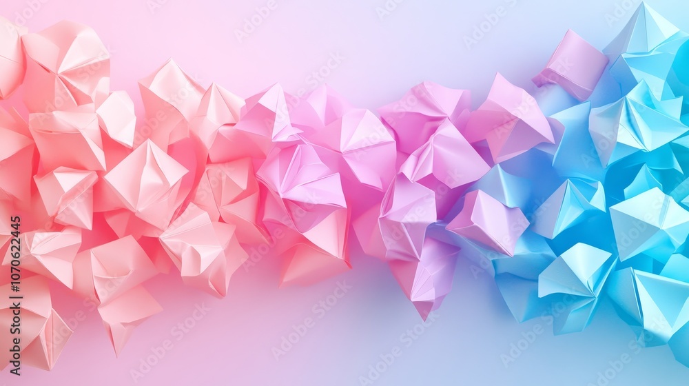 A colorful arrangement of crumpled paper shape in pink and blue hues, creating a dynamic visual effect. A colorful arrangement of crumpled paper shape in pink and blue hues, creating a dynamic visual effect.