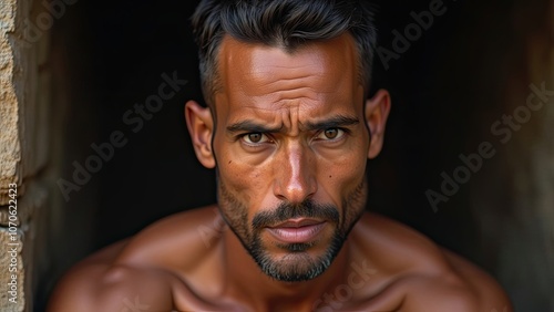 A Close-Up Portrait of a Muscular Man With Intense Expression, Captured in Natural Light Near a Stone Wall