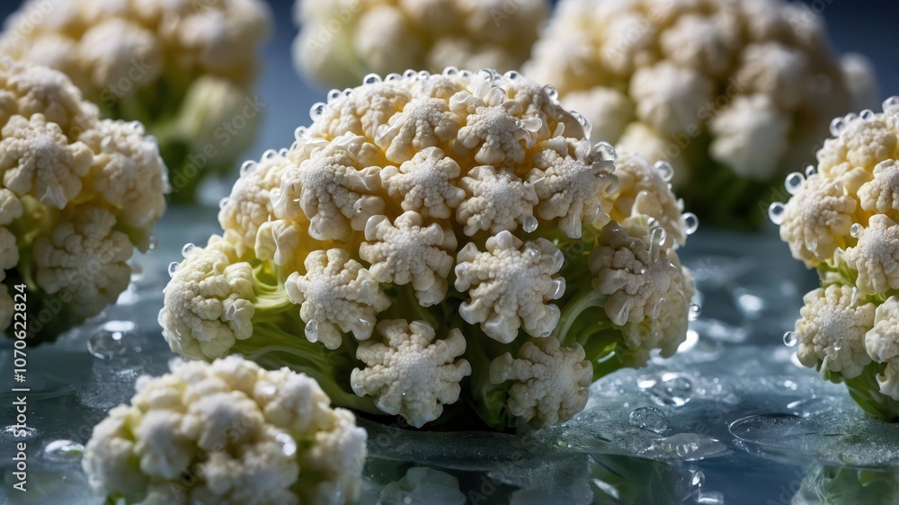 Close-up of cauliflower with droplets, showcasing its intricate texture and freshness. Close-up of cauliflower with droplets, showcasing its intricate texture and freshness.