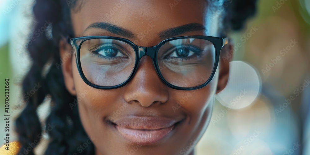 Portrait of a woman with glasses, highlighting vision care and optical insurance for eye exams. Features a satisfied client with prescription eyewear and new frames Portrait of a woman with glasses, highlighting vision care and optical insurance for eye exams. Features a satisfied client with prescription eyewear and new frames