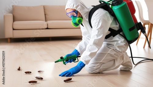 Pest control exterminator killing cockroaches inside house. Man in white protective suit, mask and gas respirator spraying insecticide from sprayer bottle over roaches crawling on floor at home