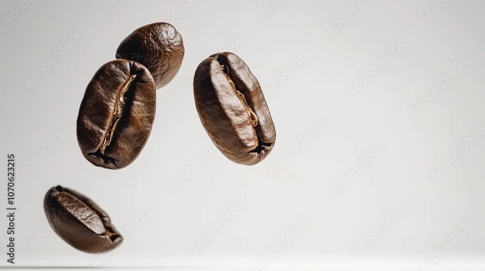 Floating coffee beans isolated on white background, showcasing rich texture and detail, perfect for coffee-related design and advertising concepts. Floating coffee beans isolated on white background, showcasing rich texture and detail, perfect for coffee-related design and advertising concepts.