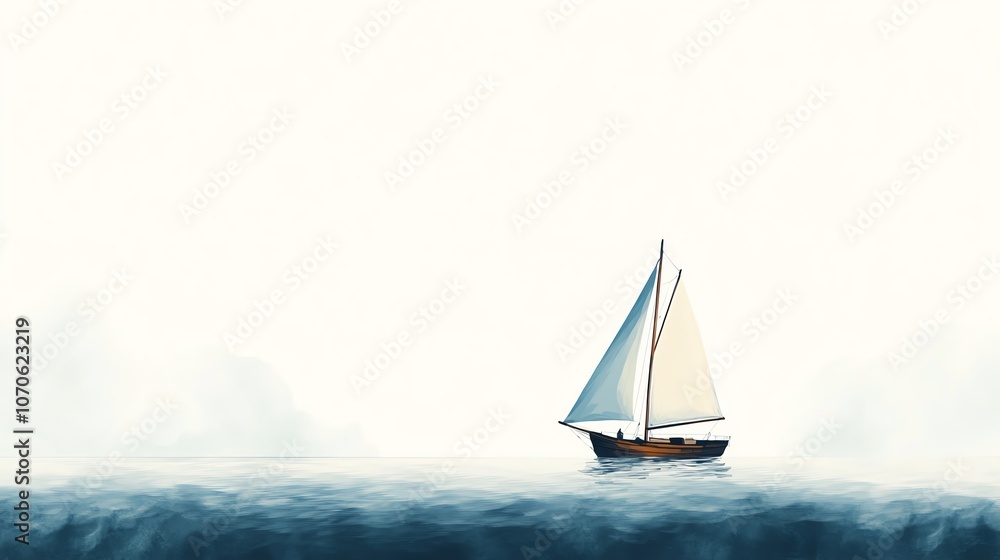 Fototapeta premium a 2D cartoon illustration of a sailboat on the open sea, calm and breezy, white background--ar 16:9