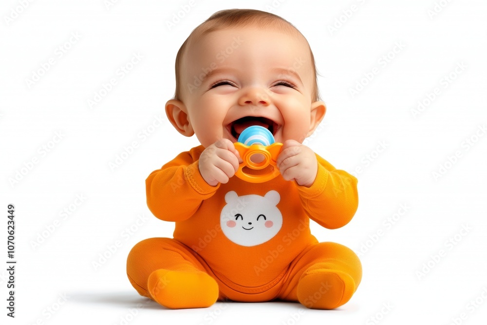 A flat 2D illustration of a baby in a onesie, smiling and reaching for a pacifier, on a plain white background A flat 2D illustration of a baby in a onesie, smiling and reaching for a pacifier, on a plain white background