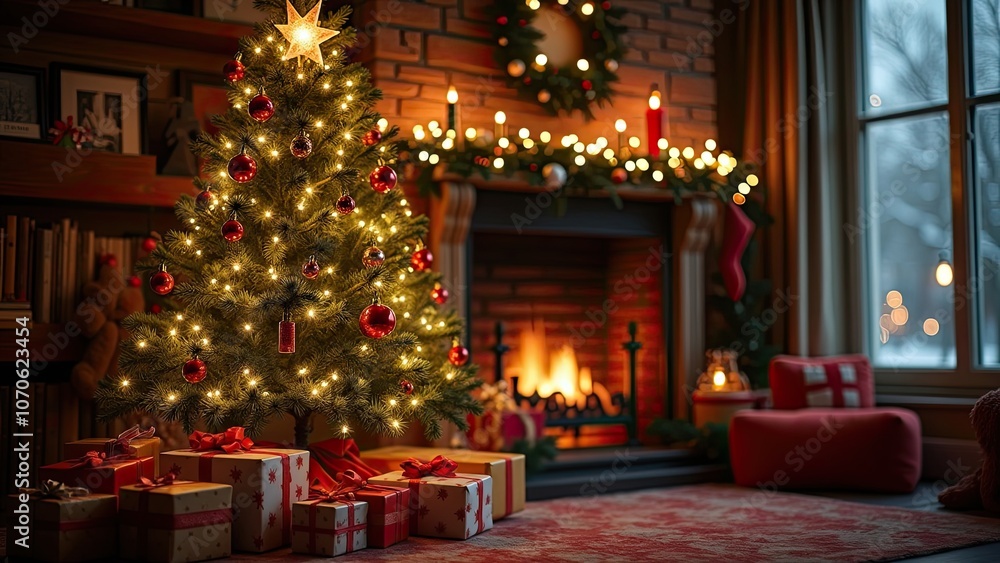 Cozy Living Room Decorated for Christmas With a Beautifully Lit Tree, Presents, and a Warm Fireplace on a Winter Evening Cozy Living Room Decorated for Christmas With a Beautifully Lit Tree, Presents, and a Warm Fireplace on a Winter Evening