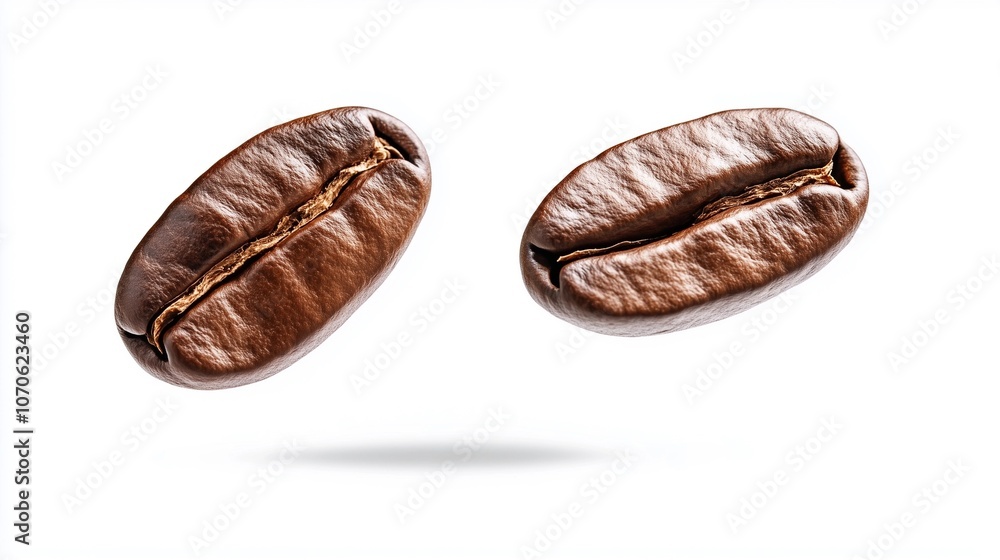 Floating coffee beans isolated on white background, showcasing rich texture and detail, perfect for coffee-related design and advertising concepts. Floating coffee beans isolated on white background, showcasing rich texture and detail, perfect for coffee-related design and advertising concepts.