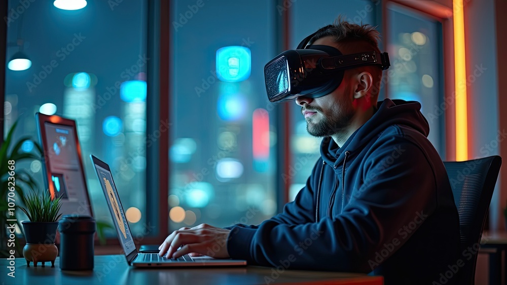 A Young Man Explores Virtual Reality at Night While Sitting in a Cozy Workspace With City Lights Shining Through the Window A Young Man Explores Virtual Reality at Night While Sitting in a Cozy Workspace With City Lights Shining Through the Window