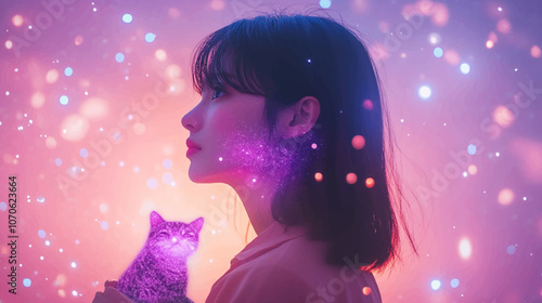 A blurry, faceless humanoid with dark hair holding the glowing purple silhouette of a leopard print Panther, set against a pink and purple gradient background, There are stars.