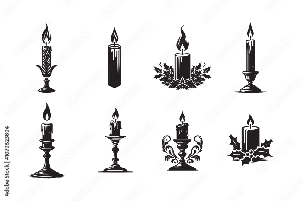 Old-fashioned Candle Silhouette Vector Icon on White Background. Old-fashioned Candle Silhouette Vector Icon on White Background.