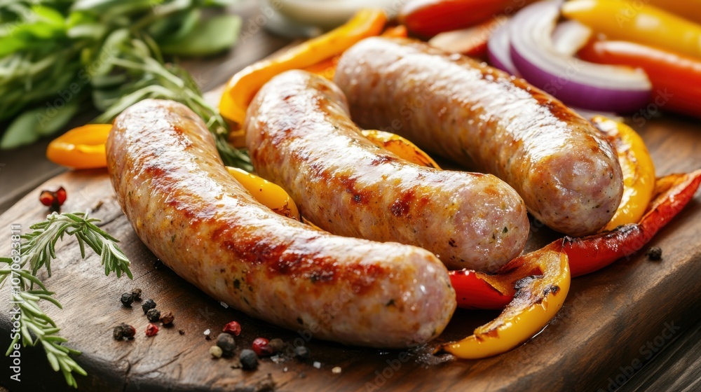 Grilled Sausages with Colorful Vegetables on Wooden Board Grilled Sausages with Colorful Vegetables on Wooden Board