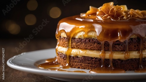 A decadent layered cake topped with caramel and nuts, perfect for celebrations.