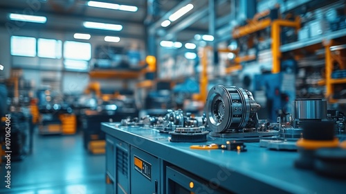 Close-up of industrial machinery parts on a workbench in a factory.