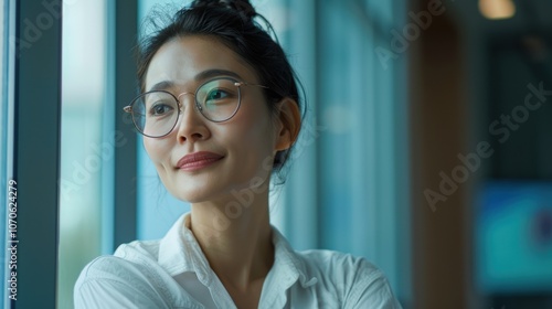 Contemplating with crossed arms at a window, a business professional considers career opportunities in an office setting, embodying confidence, ambition, and a success-oriented mindset