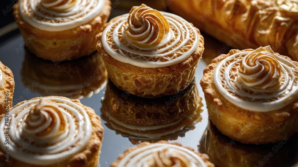 A close-up of beautifully decorated pastries with swirled frosting on a reflective surface. A close-up of beautifully decorated pastries with swirled frosting on a reflective surface.