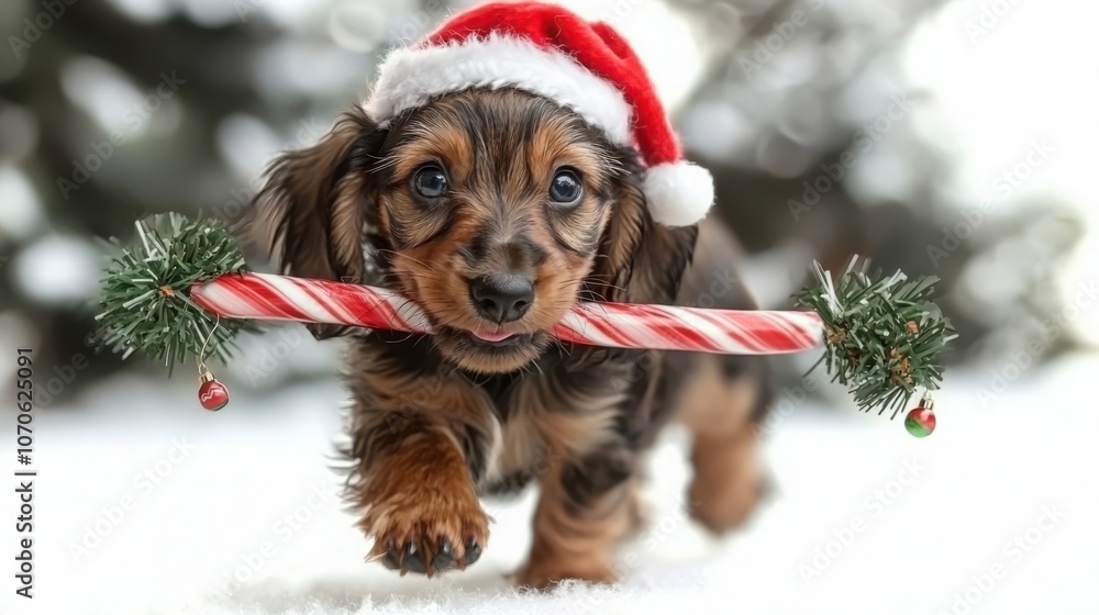 Adorable dachshund puppy dons santa hat and jingles with a festive bell in its long body Adorable dachshund puppy dons santa hat and jingles with a festive bell in its long body
