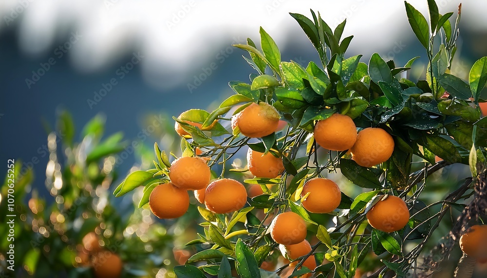 Ripe oranges hang from the branches of a citrus tree in a summer orchard Ripe oranges hang from the branches of a citrus tree in a summer orchard
