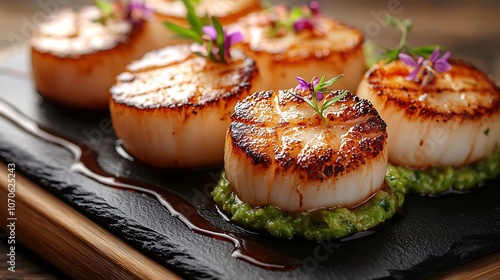 Five seared scallops with a green sauce and edible flowers arranged on a black slate plate.