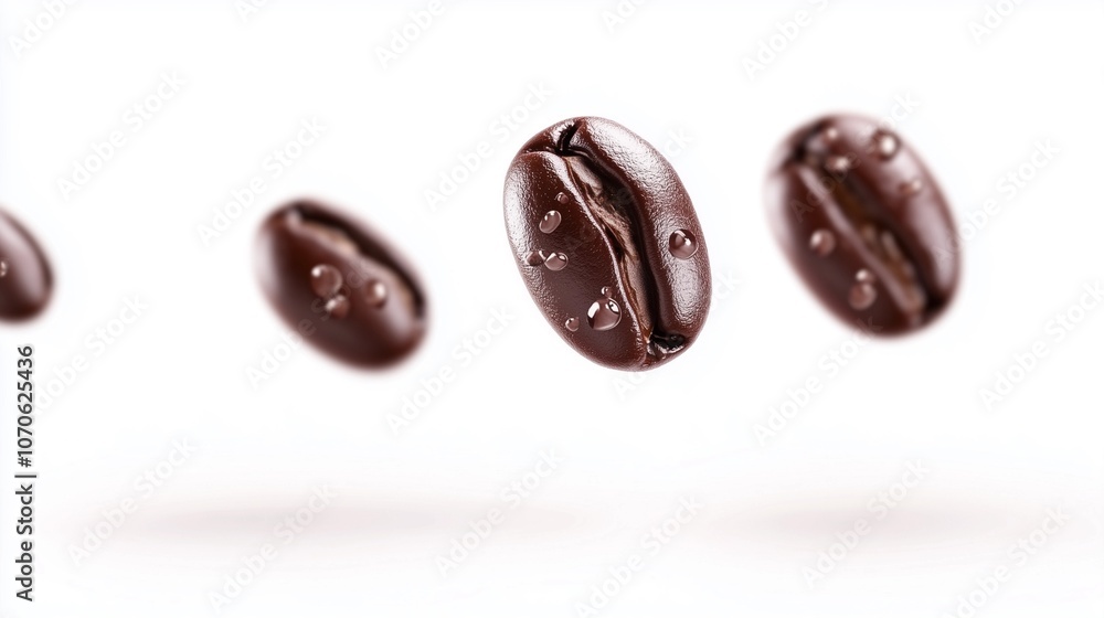 Floating coffee beans isolated on white background, showcasing rich texture and detail, perfect for coffee-related design and advertising concepts.
