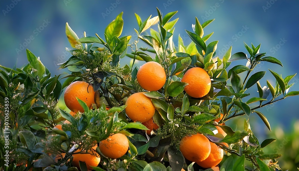 Ripe oranges hang from the branches of a citrus tree in a summer orchard Ripe oranges hang from the branches of a citrus tree in a summer orchard