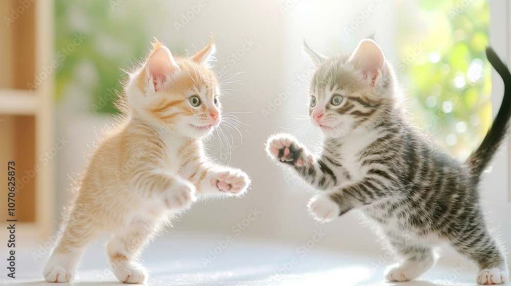 Kittens Playfully Enjoying Sunlight by a Window, Adorable little cats frolicking together, basking in warm sunlight, creating a joyful and lively atmosphere. Kittens Playfully Enjoying Sunlight by a Window, Adorable little cats frolicking together, basking in warm sunlight, creating a joyful and lively atmosphere.