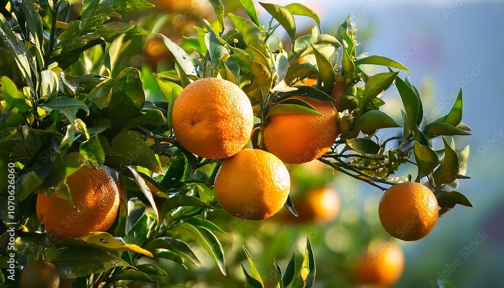 Ripe oranges hang from the branches of a citrus tree in a summer orchard Ripe oranges hang from the branches of a citrus tree in a summer orchard