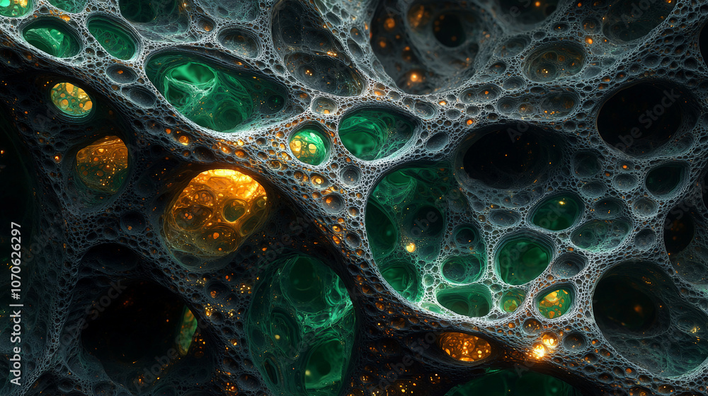 Black Filigree Fractal Biogen Nanostructures with Green Glowing Holes. Generative AI Black Filigree Fractal Biogen Nanostructures with Green Glowing Holes. Generative AI